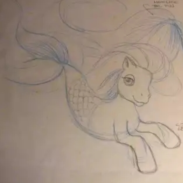 Sketchy concept art of an unnamed sea pony in the G3 style